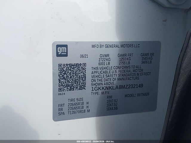 45036932 :رقم المزاد ، 1GKKNKLA8MZ232149 vin ، 2021 Gmc Acadia Fwd Sle مزاد بيع