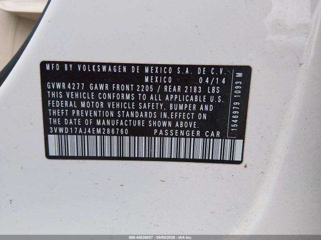 45036937 :رقم المزاد ، 3VWD17AJ4EM286760 vin ، 2014 Volkswagen Jetta 1.8t Se مزاد بيع