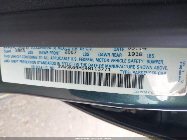 2004 Volkswagen Jetta Gls 2.0l მანქანა იყიდება აუქციონზე, vin: 3VWSK69M64M113771, აუქციონის ნომერი: 45036938