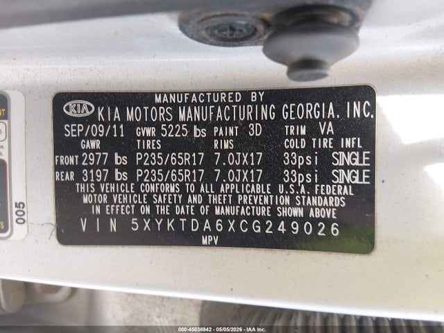 Продаж на аукціоні авто 2012 Kia Sorento Lx, vin: 5XYKTDA6XCG249026, номер лоту: 45036942