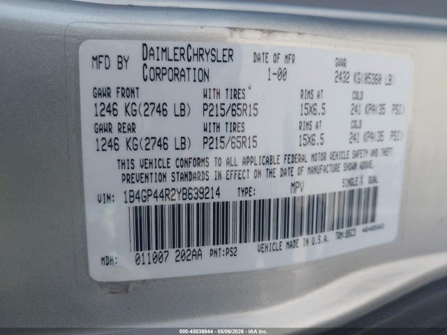 2000 Dodge Grand Caravan Se მანქანა იყიდება აუქციონზე, vin: 1B4GP44R2YB639214, აუქციონის ნომერი: 45036944