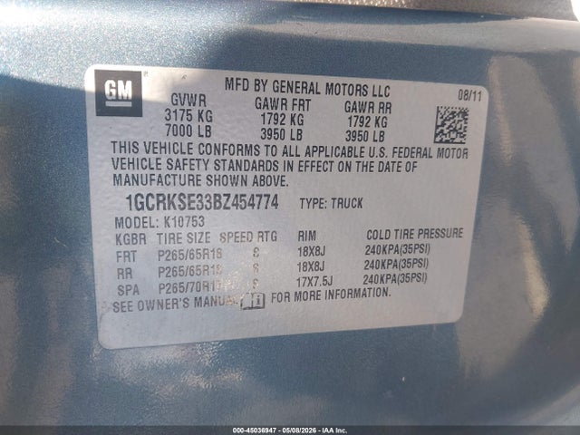 Aukcja sprzedaży 2011 Chevrolet Silverado 1500 Lt, vin: 1GCRKSE33BZ454774, numer aukcji: 45036947
