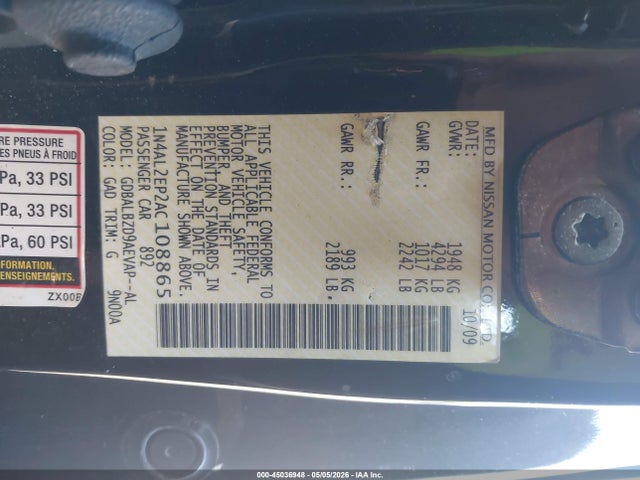 2010 Nissan Altima 2.5 S მანქანა იყიდება აუქციონზე, vin: 1N4AL2EP2AC108865, აუქციონის ნომერი: 45036948