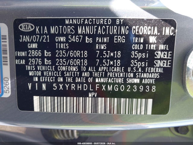 45036950 :رقم المزاد ، 5XYRHDLFXMG023938 vin ، 2021 Kia Sorento Ex مزاد بيع