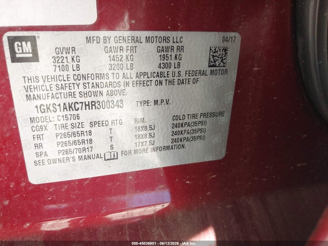 GMC YUKON SLE 2017 1GKS1AKC7HR300343 Image 9