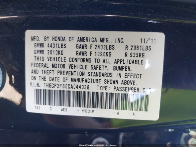 45036964 :رقم المزاد ، 1HGCP2F80CA044338 vin ، 2012 Honda Accord 2.4 Ex-l مزاد بيع