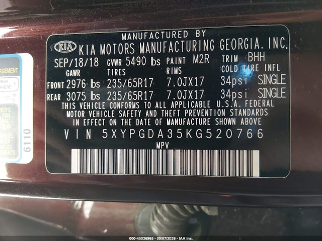 Aukcja sprzedaży 2019 Kia Sorento 2.4l Lx, vin: 5XYPGDA35KG520766, numer aukcji: 45036965