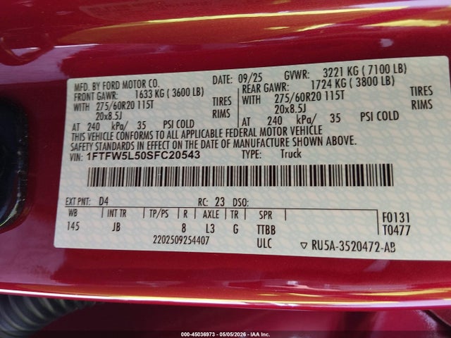 Ford F-150 Lariat 2025 1FTFW5L50SFC20543 Image 9