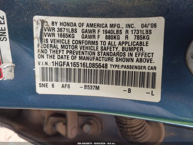 Aukcja sprzedaży 2006 Honda Civic Lx, vin: 1HGFA16516L085648, numer aukcji: 45036978