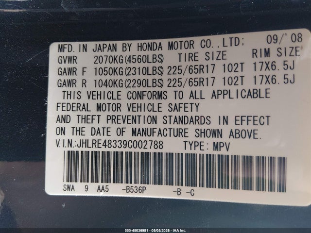 Aukcja sprzedaży 2009 Honda Cr-v Lx, vin: JHLRE48339C002788, numer aukcji: 45036981