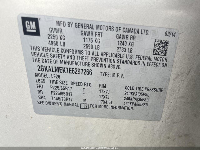 45036982 :رقم المزاد ، 2GKALMEK7E6297266 vin ، 2014 Gmc Terrain Sle-1 مزاد بيع