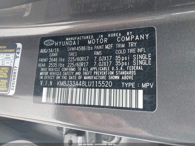 2020 Hyundai Tucson Value მანქანა იყიდება აუქციონზე, vin: KM8J33A48LU115520, აუქციონის ნომერი: 45036985