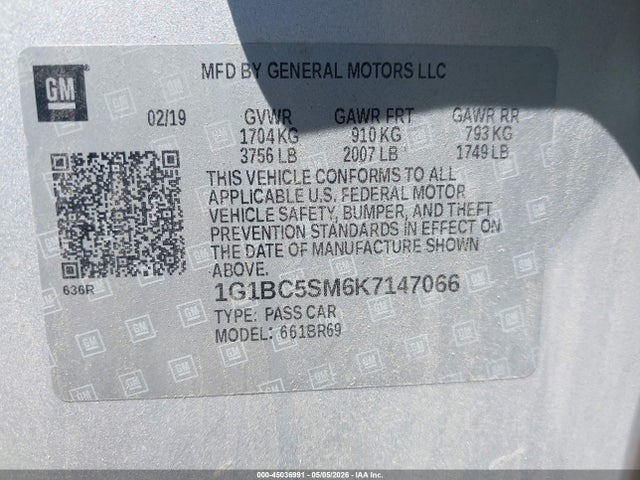 45036991 :رقم المزاد ، 1G1BC5SM6K7147066 vin ، 2019 Chevrolet Cruze Ls مزاد بيع