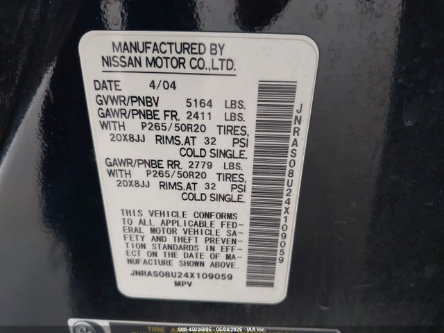 Auction sale of the 2004 Infiniti Fx35, vin: JNRAS08U24X109059, lot number: 45036995