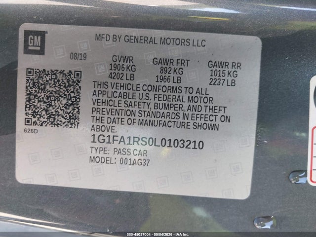 Продажа на аукционе авто 2020 Chevrolet Camaro, vin: 1G1FA1RS0L0103210, номер лота: 45037004