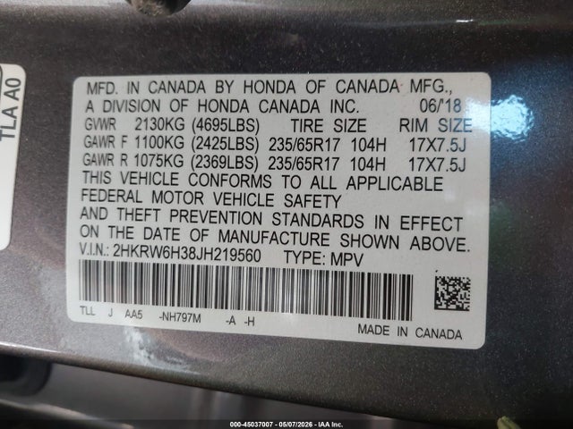 Продажа на аукционе авто 2018 Honda Cr-v Lx, vin: 2HKRW6H38JH219560, номер лота: 45037007