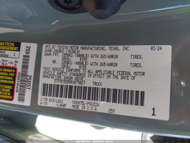 Продаж на аукціоні авто 2024 Toyota Tundra Hybrid Platinum 4wd, vin: 5TFNC5DB5RX075027, номер лоту: 45037017