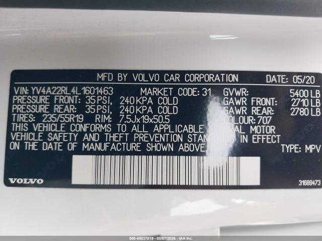 Aukcja sprzedaży 2020 Volvo Xc60 T6 Inscription, vin: YV4A22RL4L1601463, numer aukcji: 45037019