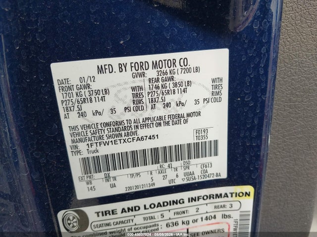 45037024 :رقم المزاد ، 1FTFW1ETXCFA67451 vin ، 2012 Ford F-150 Xlt مزاد بيع