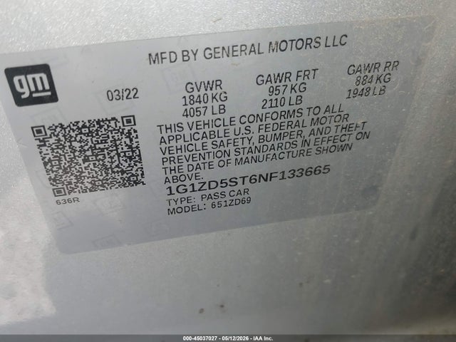 1G1ZD5ST6NF133665 Chevrolet Malibu Fwd Lt