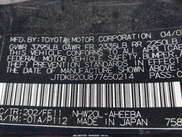 Продажа на аукционе авто 2007 Toyota Prius, vin: JTDKB20U877650214, номер лота: 45037028