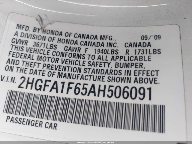 2010 Honda Civic Lx-s მანქანა იყიდება აუქციონზე, vin: 2HGFA1F65AH506091, აუქციონის ნომერი: 45037035