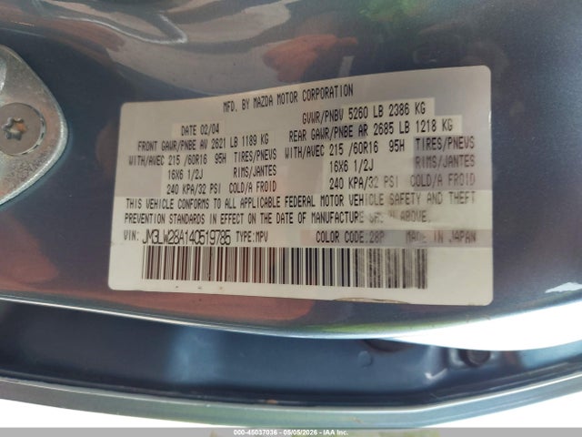 45037036 :رقم المزاد ، JM3LW28A140519785 vin ، 2004 Mazda Mpv Lx مزاد بيع