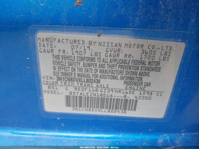 45037038 :رقم المزاد ، 3N1CN8DVXLL802438 vin ، 2020 Nissan Versa S Xtronic Cvt مزاد بيع