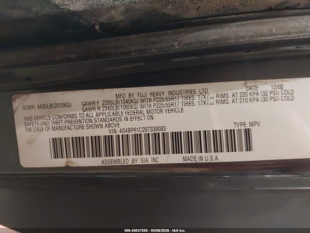 2009 Subaru Outback 2.5i მანქანა იყიდება აუქციონზე, vin: 4S4BP61C297339083, აუქციონის ნომერი: 45037050