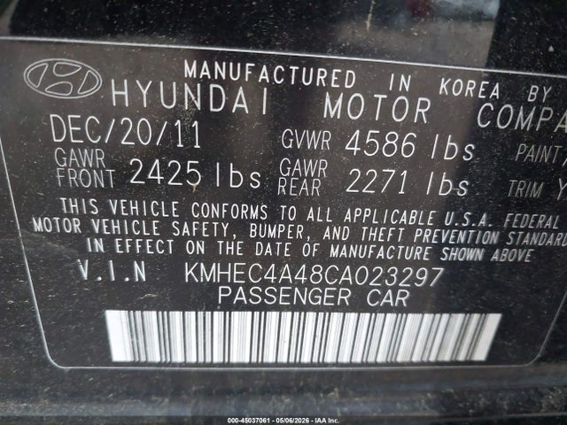 2012 Hyundai Sonata Hybrid მანქანა იყიდება აუქციონზე, vin: KMHEC4A48CA023297, აუქციონის ნომერი: 45037061