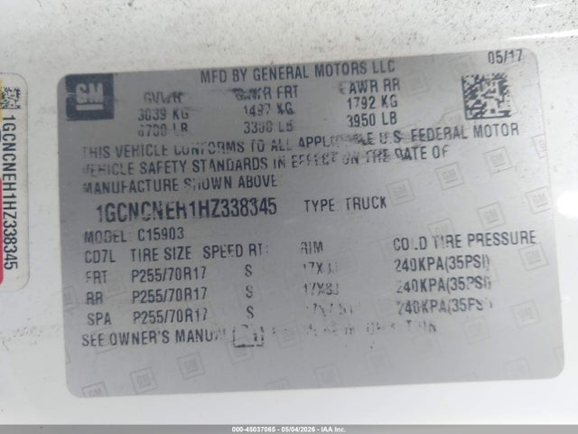45037065 :رقم المزاد ، 1GCNCNEH1HZ338345 vin ، 2017 Chevrolet Silverado 1500 Wt مزاد بيع