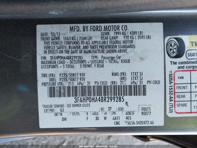 2011 Ford Fusion Se მანქანა იყიდება აუქციონზე, vin: 3FAHP0HA4BR299285, აუქციონის ნომერი: 45037067