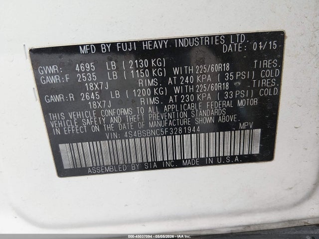 2015 Subaru Outback 2.5i Limited მანქანა იყიდება აუქციონზე, vin: 4S4BSBNC5F3281944, აუქციონის ნომერი: 45037094
