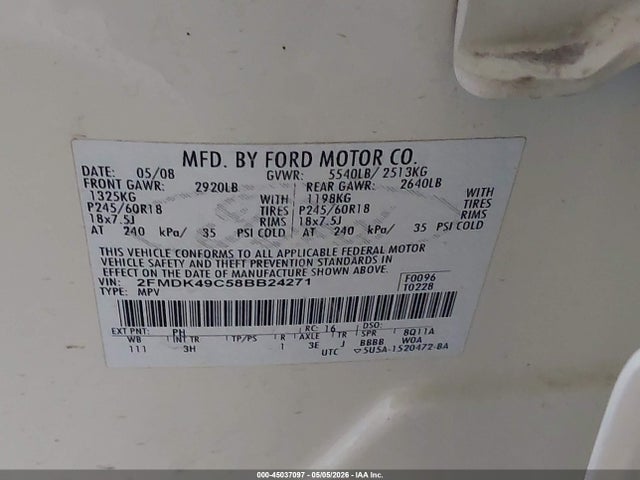 Продаж на аукціоні авто 2008 Ford Edge Limited, vin: 2FMDK49C58BB24271, номер лоту: 45037097