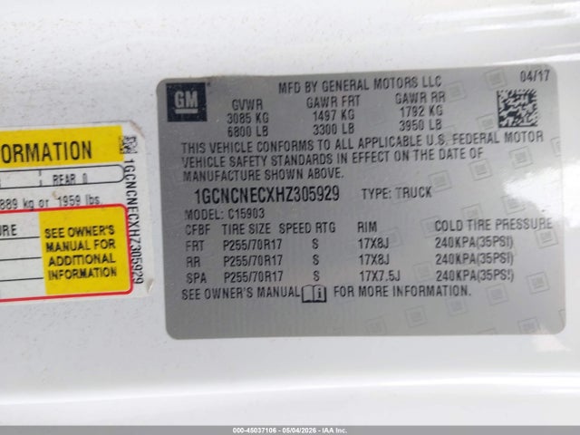 2017 Chevrolet Silverado 1500 Wt მანქანა იყიდება აუქციონზე, vin: 1GCNCNECXHZ305929, აუქციონის ნომერი: 45037106