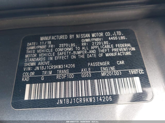 Продажа на аукционе авто 2019 Nissan Rogue Sport Sv, vin: JN1BJ1CR9KW314206, номер лота: 45037110