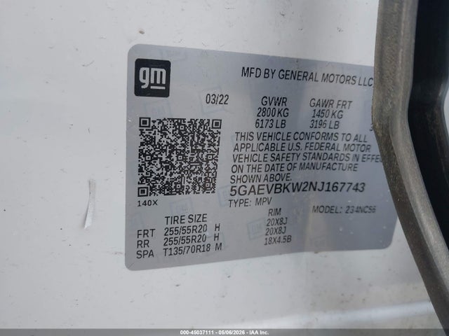 Aukcja sprzedaży 2022 Buick Enclave Awd Premium, vin: 5GAEVBKW2NJ167743, numer aukcji: 45037111