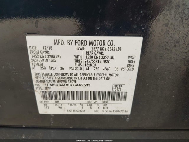 Aukcja sprzedaży 2019 Ford Police Interceptor Utility, vin: 1FM5K8AR0KGA62533, numer aukcji: 45037112