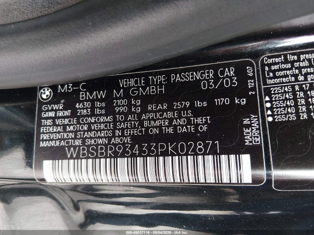 2003 Bmw M3 მანქანა იყიდება აუქციონზე, vin: WBSBR93433PK02871, აუქციონის ნომერი: 45037116