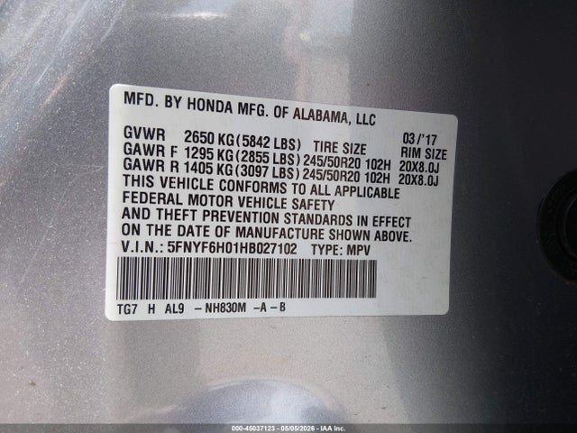 45037123 :رقم المزاد ، 5FNYF6H01HB027102 vin ، 2017 Honda Pilot Elite مزاد بيع