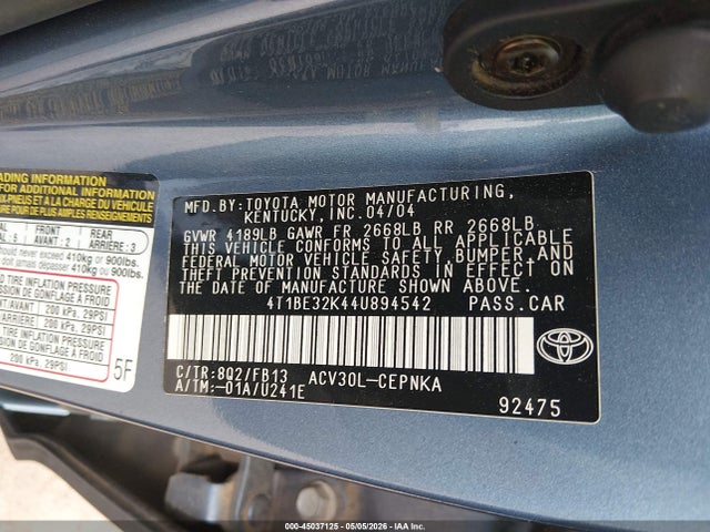 Продаж на аукціоні авто 2004 Toyota Camry Le, vin: 4T1BE32K44U894542, номер лоту: 45037125