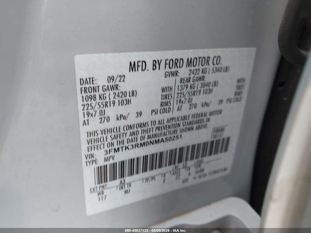 Aukcja sprzedaży 2022 Ford Mustang Mach-e Premium, vin: 3FMTK3RM0NMA50251, numer aukcji: 45037132