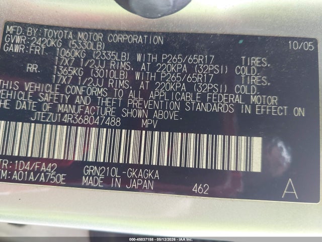 Aukcja sprzedaży 2006 Toyota 4runner Sr5 V6, vin: JTEZU14R368047488, numer aukcji: 45037158