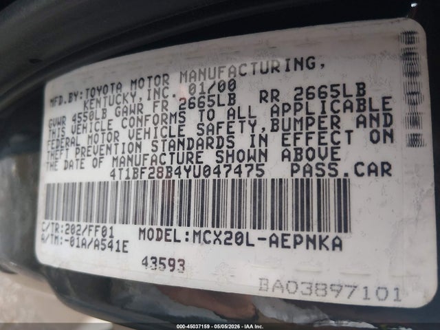 2000 Toyota Avalon Xl მანქანა იყიდება აუქციონზე, vin: 4T1BF28B4YU047475, აუქციონის ნომერი: 45037159