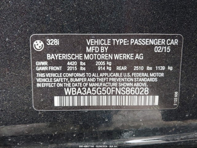 2015 Bmw 328i მანქანა იყიდება აუქციონზე, vin: WBA3A5G50FNS86028, აუქციონის ნომერი: 45037166