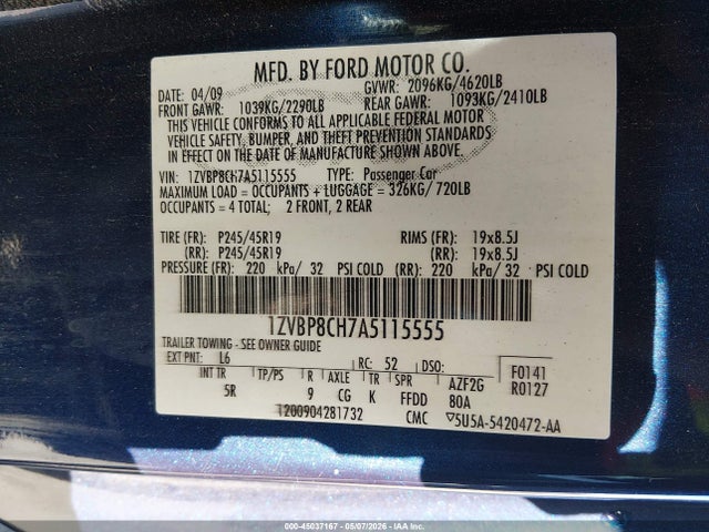 Продажа на аукционе авто 2010 Ford Mustang Gt/gt Premium, vin: 1ZVBP8CH7A5115555, номер лота: 45037167