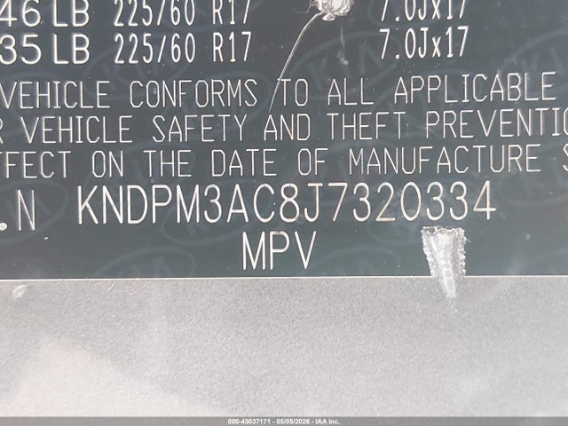 2018 Kia Sportage Lx მანქანა იყიდება აუქციონზე, vin: KNDPM3AC8J7320334, აუქციონის ნომერი: 45037171