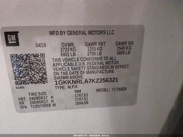 45037178 :رقم المزاد ، 1GKKNRLA7KZ256321 vin ، 2019 Gmc Acadia Sle-1 مزاد بيع