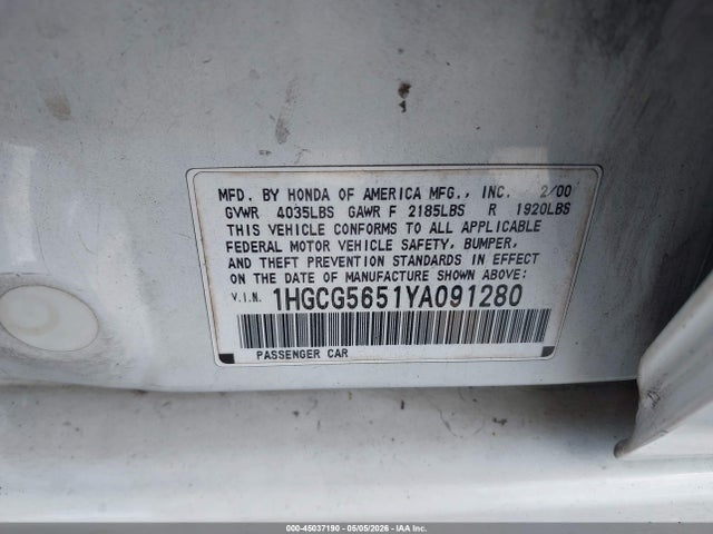 45037190 :رقم المزاد ، 1HGCG5651YA091280 vin ، 2000 Honda Accord 2.3 Ex مزاد بيع