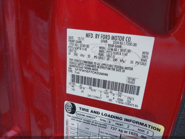 45037193 :رقم المزاد ، 1FTFW1EF7CKD24096 vin ، 2012 Ford F-150 Xlt مزاد بيع